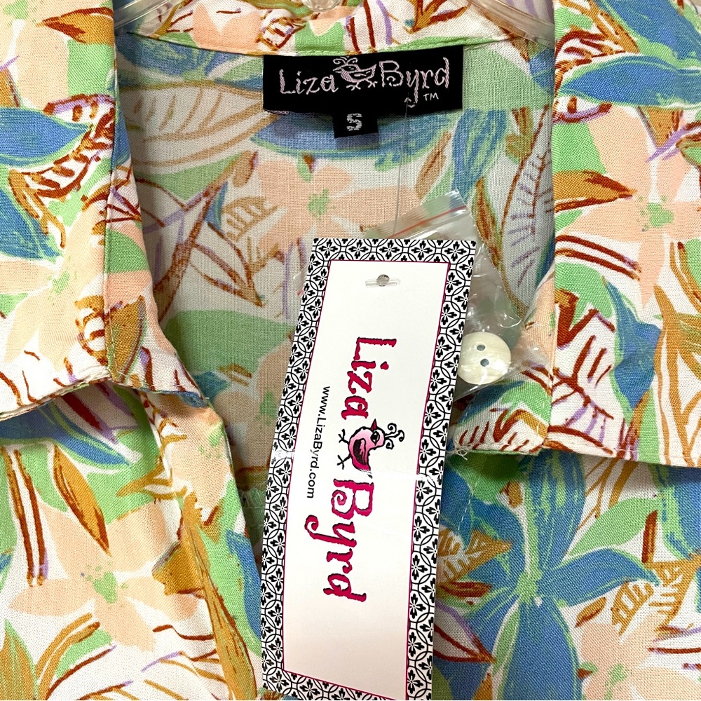 NWT Liza Byrd Mason Green Blue Brown Floral 3/4 Sleeve Button Down Blouse Sz S - Picture 3 of 7